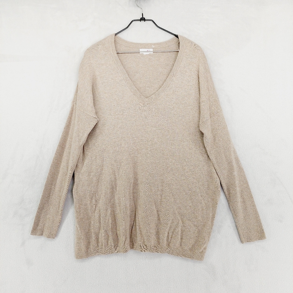 Shrinking Violet Beige V-Neck Sweater Soft Knit Pullover Cozy Lightweight P1122